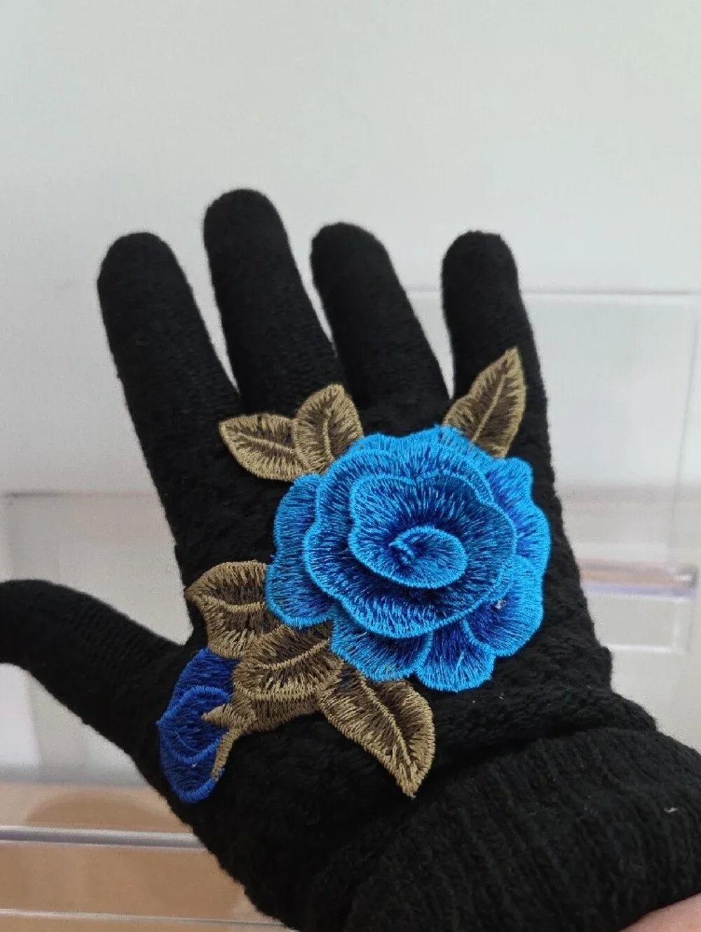 Black Knit Gloves with Blue Rose Embroidery, New Size Sm-med